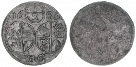 Max Gandolph Graf Kuenburg 1668-1687
Erzbistum Salzburg. 1/2 Kreuzer, 1686. Salzburg
0,43g
Zöttl 2066, Probszt 1722
ss/vz