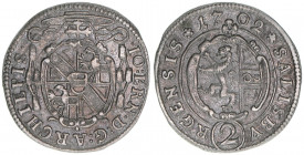 Johann Ernst Graf Thun-Hohenstein 1687-1709
Erzbistum Salzburg. 1/2 Reichsbatzen, 1702. Salzburg
1,08g
Zöttl 2235, Probszt 1871
ss/vz