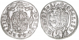 Johann Ernst Graf Thun-Hohenstein 1687-1709
Erzbistum Salzburg. 1/2 Reichsbatzen, 1706. Salzburg
1,04g
Zöttl 2239, Probszt 1875
vz