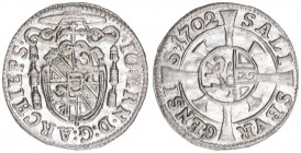 Johann Ernst Graf Thun-Hohenstein 1687-1709
Erzbistum Salzburg. 1 Kreuzer, 1702. Salzburg
0,77g
Zöttl 2258, Probszt 1894
vz