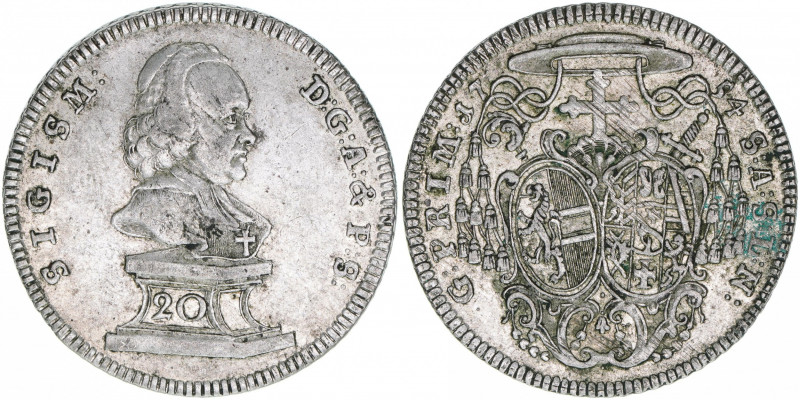 Sigismund III. Graf Schrattenbach 1753-1771
Erzbistum Salzburg. 20 Kreuzer, 1754...