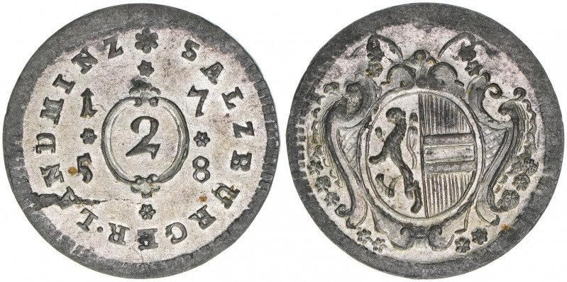 Sigismund III. Graf Schrattenbach 1753-1771
Erzbistum Salzburg. 2 Kreuzer, 1758....