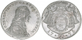 Hieronymus Graf Colloredo 1772-1803
Erzbistum Salzburg. 20 Kreuzer, 1775. Salzburg
6,67g
Zöttl 3265, Probszt 2473
vz-