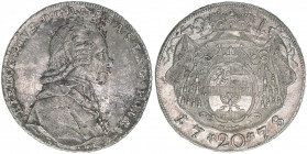Hieronymus Graf Colloredo 1772-1803
Erzbistum Salzburg. 20 Kreuzer, 1778. Salzburg
6,63g
Zöttl 3268, Probszt 2476
ss/vz
