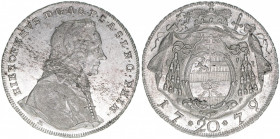 Hieronymus Graf Colloredo 1772-1803
Erzbistum Salzburg. 20 Kreuzer, 1779. Salzburg
6,66g
Zöttl 3269, Probszt 2477
ss/vz