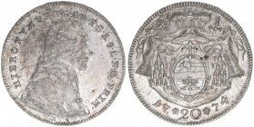 Hieronymus Graf Colloredo 1772-1803
Erzbistum Salzburg. 20 Kreuzer, 1774. Salzburg
6,63g
Zöttl 3264, Probszt 2472
ss/vz