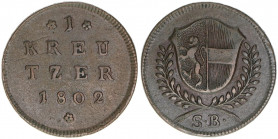 Hieronymus Graf Colloredo 1772-1803
Erzbistum Salzburg. 1 Kreuzer, 1802. Salzburg
5g
Zöttl 3357, Probszt 2561a
ss/vz