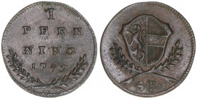 Hieronymus Graf Colloredo 1772-1803
Erzbistum Salzburg. 1 Pfennig, 1792. Salzburg
1,25g
Zöttl 3391, Probszt 2590
ss/vz