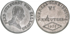 Kurfürst Erzherzog Ferdinand
Salzburg. VI Kreuzer, 1805. ohne Signatur
Salzburg
2,48g
Zöttl 3417
ss
