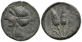 MAURITANIA, Tingi. Ae23. (Ae. 6,49g/24mm). Siglo II-Siglo I a.C. (Müller 225). Anv: Busto femenino a izquierda. Rev: Tres espigas. MBC. Escaso.