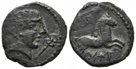 NUMIDIA, Salviana. Ae19. (Ae. 3,65g/19mm). Siglo II a.C. (SNG Copenhagen 746). Anv: Cabeza masculina a derecha, delante caduceo. Rev: Caballo saltando...