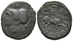 SICILIA, Morgantina. Ae20. (Ae. 6,32g/22mm). Mediados siglo II a.C. (SNG ANS 471.4). Anv: Cabeza de Minerva a izquierda, encima letra N. Rev: Jinete c...