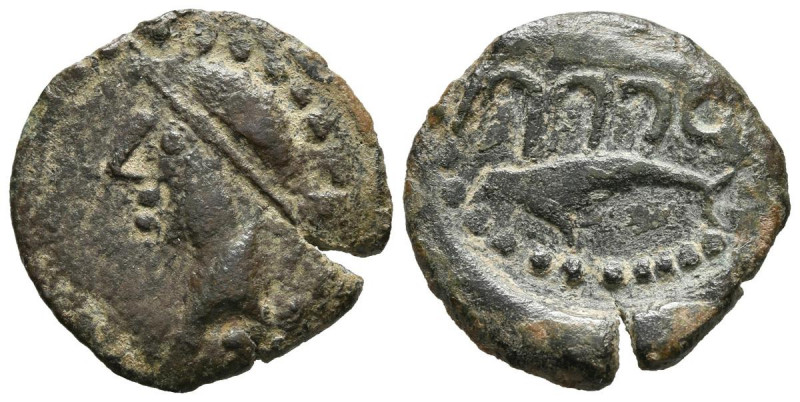 ABDERA (Almería). Semis. (Ae. 3,25g/20mm). 150-50 a.C. (FAB-18). Anv: Cabeza mas...