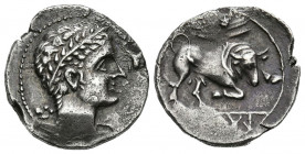 ARSE-SAGUNTO (Sagunto, Valencia). Dracma. (Ar. 2,53g/16mm). 300-200 a.C. (FAB-2035). Anv: Cabeza de Hércules diademado a derecha, detrás clava. Rev: T...