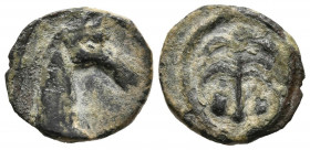 CARTAGONOVA (Cartagena, Murcia). 1/4 Calco. (Ae. 1,37g/15mm). 220-215 a.C. (FAB-520). Anv: Cabeza de caballo a derecha. Rev: Palmera. MBC.