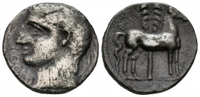 CARTAGONOVA (Cartagena, Murcia). Shekel. (Ar. 6,90g/20mm). 220-205 a.C. (FAB-547). Anv: Cabeza masculina a izquierda. Rev: Caballo parado a derecha, d...