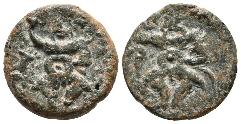 EBUSUS (Ibiza). 1/4 Calco. (Ae. 3,29g/16mm). 200-100 a.C. (FAB-940). Anv: Bes co...