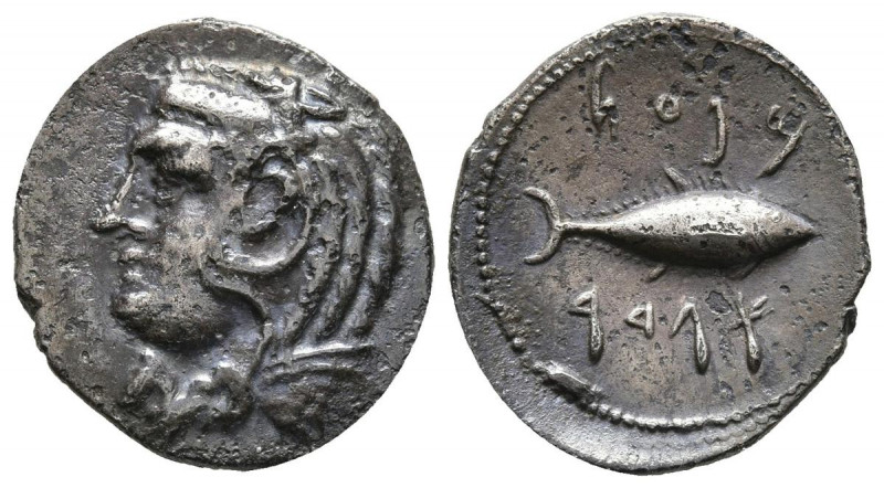 GADES (Cádiz). Hemidracma. (Ar. 2,18g/17mm). 200-100 a.C. (FAB-1308). Anv: Cabez...