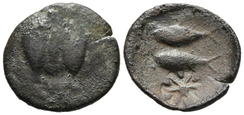 GADES (Cádiz). Calco. (Ae. 2,68g/20mm). 200-100 a.C. (¿FAB-1336?). Anv: ¿Cabeza ...