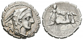 GENS PROCILIA. Denario. (Ar. 3,92g/20mm). 80 a.C. Sur de Italia. (FFC 1082; Crawford 379/2). Anv: Cabeza de Juno Sospita con piel de león a derecha, d...