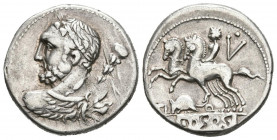 GENS QUINCTIA. Denario. (Ar. 3,89g/20mm). 112-111 a.C. Italia Central. (FFC 1086; Crawford 297/1). Anv: Busto de Hércules a izquierda con maza su homb...