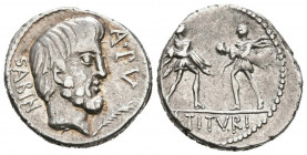GENS TITURIA. Denario. (Ar. 3,99g/19mm). 89 a.C. Roma. (FFC 1155; Crawford 344/1c). Anv: Cabeza de Tatius a derecha, delante palma, detrás leyenda: SA...