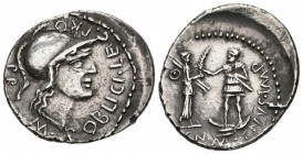POMPEYO, el Grande. Denario. (Ar. 3,89g/22mm). 46-45 a.C. Hispania. (FFC 1; Crawford 469a). Anv: Cabeza de Palas a derecha, alrededor leyenda: M POBLI...
