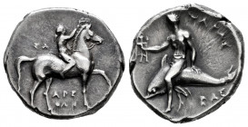 Calabria. Tarentum. Nomos. 281-272 BC. Arethon, Sa, and Cas magistrates. (Vlasto-666/7). (Sng Ans-1046/50). (HNItaly-957). Anv.: Nude youth on horseba...