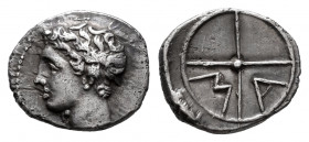 Galia. Massalia. Obol. 121-49 BC. Anv.: Bare head of Apollo left. Rev.: MA within wheel of four spokes . Ag. 0,74 g. Very well-centered specimen. Choi...