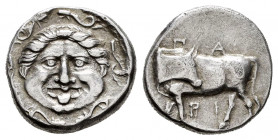 Mysia. Parion. Hemidrachm. IV Century BC. (Bmc-14/16). (Sng France-1356/1357). Anv.: Bull standing left, head reverted; ΠA above, PI below. Rev.: Faci...