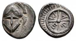 Thrace. Mesembria. Diobol. Century VI BC. (SNG BM Black Sea-568/271). (Topalov, Messambria-8). Anv.: Frontal helmet. Rev.: Wheel with META within the ...
