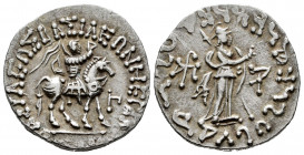 Indo-Skythians. Azes II. Tetradrachm. 58-20/19 BC. (Hgc-12, 638). Anv.: King on horseback riding to right, wearing cataphractus and holding whip aloft...