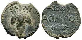 Acinipo. Unit. 100-50 BC. Ronda (Málaga). (Abh-49). (Acip-2454). Anv.: Bunch of grapes, two stars above. Rev.: Two ears of corn, legend ACINIPO. Ae. 7...