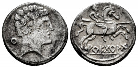 Arekoratas. Denarius. 150-20 BC. Agreda (Soria). (Abh-110). (Acip-1760). (C-26). Anv.: Male head to right, behind globule. Rev.: Rider with lance to t...