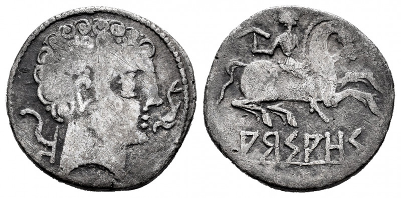 Arsaos. Denarius. 120-80 BC. Area of Navarra. (Abh-139). Anv.: Bearded male head...