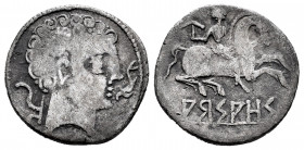 Arsaos. Denarius. 120-80 BC. Area of Navarra. (Abh-139). Anv.: Bearded male head right, dolphin before, plough behind. Rev.: Horseman right, holding b...