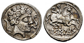 Arsaos. Denarius. 120-80 BC. Area of Navarra. (Abh-139). Anv.: Bearded male head right, dolphin before, plough behind. Rev.: Horseman right, holding b...