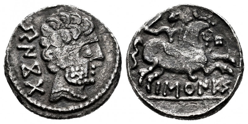 Baskunes. Denarius. 120-20 BC. Pamplona. (Abh-215). Anv.: Bearded head right, ib...