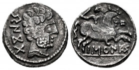 Baskunes. Denarius. 120-20 BC. Pamplona. (Abh-215). Anv.: Bearded head right, iberian legend BENKODA behind. Rev.: Horseman right, holding sword, iber...