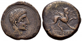 Kastilo-Castulo. Unit. 180 BC. Cazlona (Jaén). (Abh-697). Anv.: Diademed male head right. Rev.: Sphinx right with star and iberian letter KO before, l...
