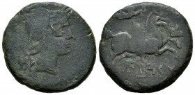Untikesken. Unit. 130-90 BC. L’Escala, Ampurias (Girona). (Abh-1205). (Acip-1045). Anv.: Head of Pallas right. Rev.: Pegasus, with Chrysaor head right...
