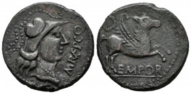 Emporiton. Unit. 50-27 BC. L’Escala, Ampurias (Girona). (Abh-1261). Anv.: Head of Pallas right, legend L.M. RVF. P.C.Q. Rev.: Pegasus right, laurel wr...
