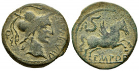 Emporiton. Unit. 50-27 BC. L’Escala, Ampurias (Girona). (Abh-1262). (Acip-1098). Anv.: Head of Pallas right, legend M.A.B.M.(F.M.), behind Q. Rev.: Pe...