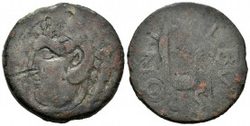 Gades-Gadir. Augustus period. Sestertius. 27 BC - 14 AD. Cadiz. (Abh-1364). Anv.: Head of Hercules left, club behind. Rev.: Pontifical knife, simpulum...