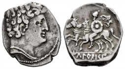 Ikalkusken. Denarius. 120-20 BC. Iniesta (Cuenca). (Abh-1396). (Acip-2071). Anv.: Male head right. Rev.: Horseman left, holding round shield and chlam...