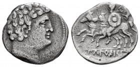 Ikalkusken. Denarius. 120-20 BC. Iniesta (Cuenca). (Abh-1396). (Acip-2071). Anv.: Male head right. Rev.: Horseman left, holding round shield and chlam...