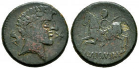 Ikalkusken. Unit. 120-20 BC. Iniesta (Cuenca). (Abh-1413). Anv.: Male head right, dolphin behind, front star. Rev.: Horseman left, holding spear, curv...