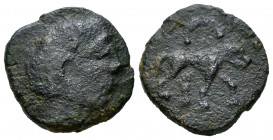 Iltirta. Unit?. 200-20 BC. Lleida (Cataluña). (Abh-1484). (Acip-1277). Anv.: Male head right. Rev.: Wolf right, torque? above. Ae. 5,14 g. Rare. F/Cho...