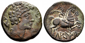 Lakine. Unit. 120-20 BC. Area of Aragon. (Abh-1656). (Acip-1505). Anv.: Male head right, with ornaments on the neck, three dolphins around. Rev.: Hors...