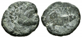 Nabrisa. Half unit. 50 BC. Lebrija (Sevilla). (Abh-1767). Anv.: Male head right. Rev.: Antelope? right, letters NA interlace above. Ae. 4,33 g. Very s...